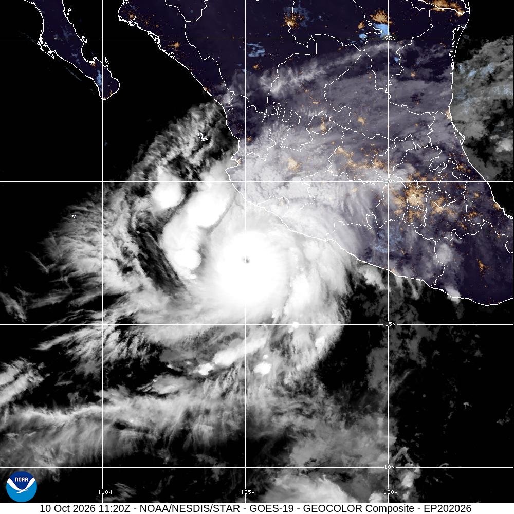 Imagen satelital de Simon, 10 de octubre de 2026 a las 11:20 UTC. NOAA/NESDIS; imagen de contexto, no mapa de evacuación.