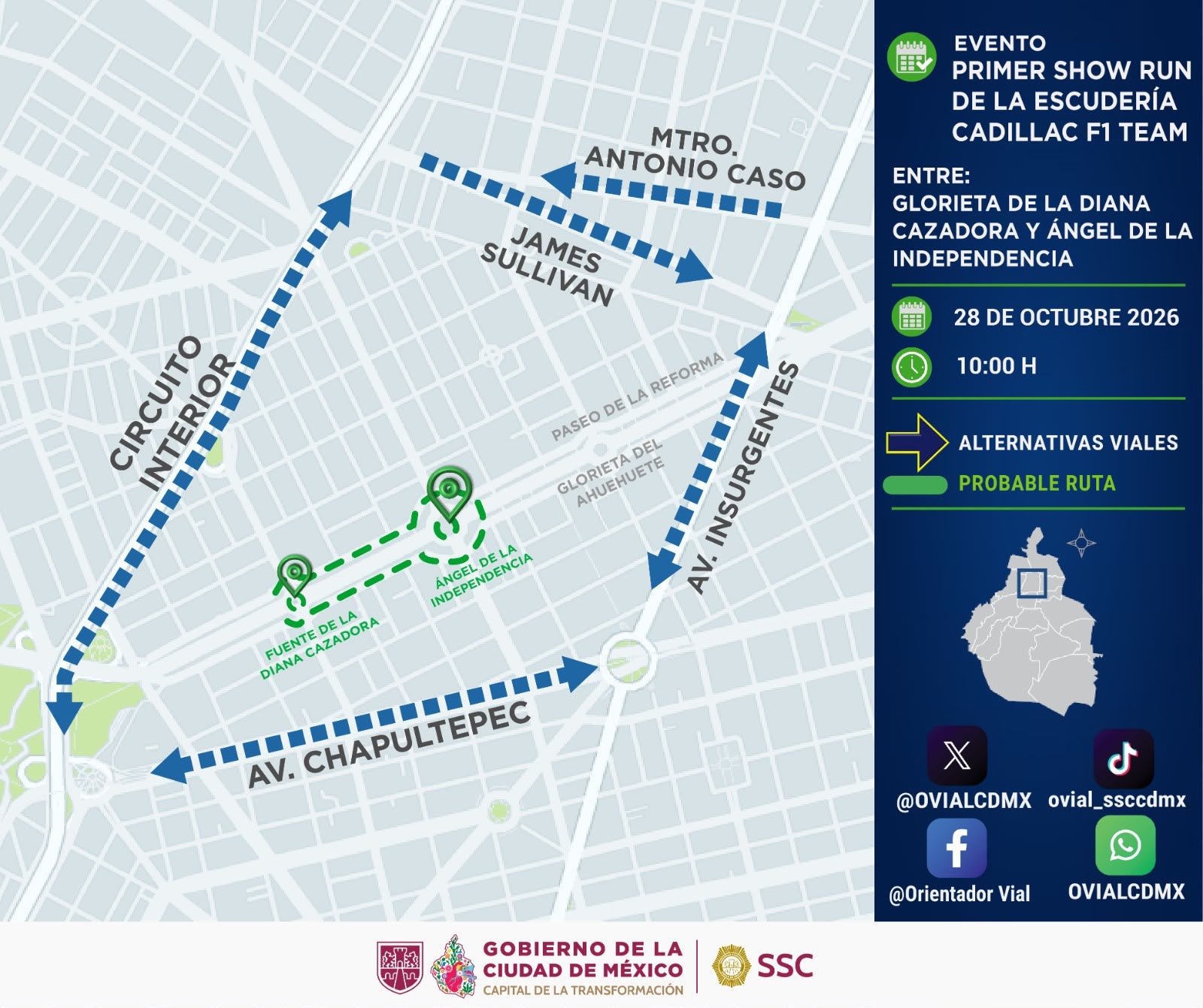 Alternativas viales para Cadillac F1 en Paseo de la Reforma