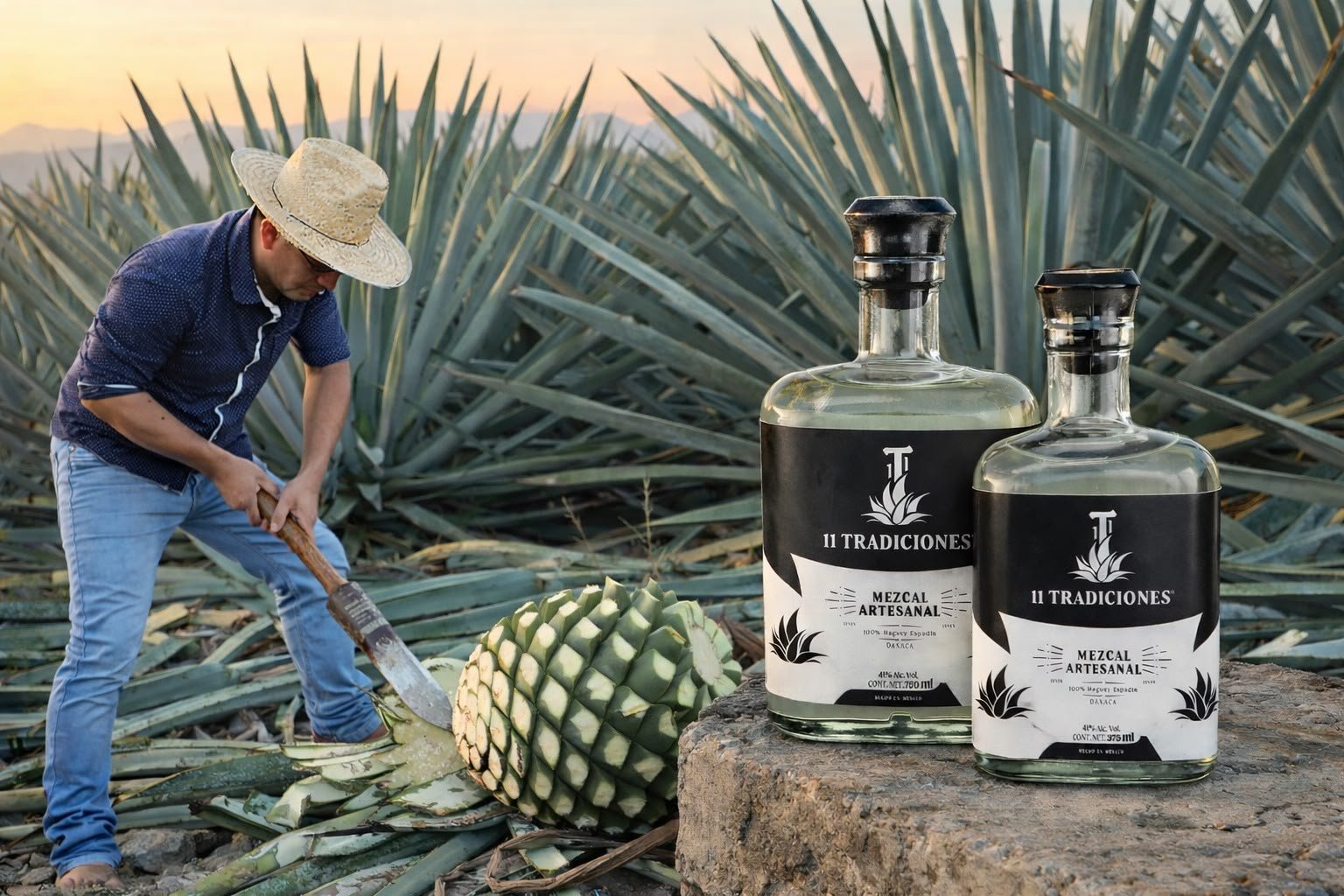 Botellas de mezcal artesanal 11 Tradiciones junto a un trabajador entre agaves.