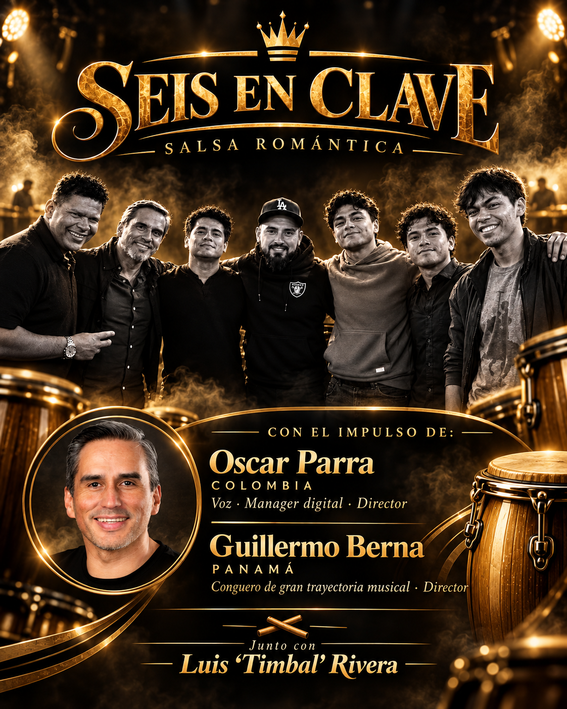 Arte promocional de Seis en Clave con la presentación de Óscar Parra y Guillermo Berna junto a Luis Timbal Rivera