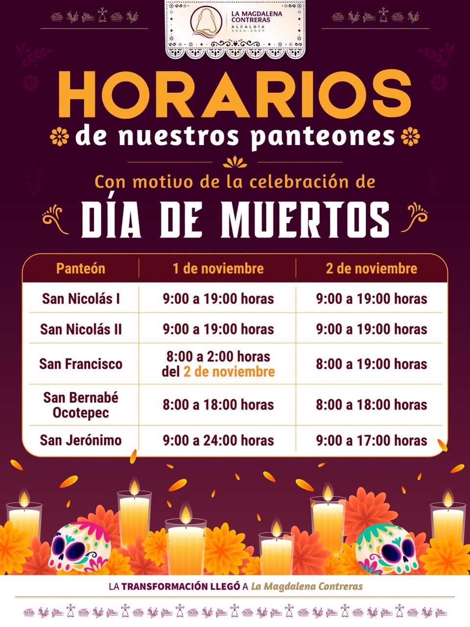 Horarios de los panteones para el 1 y 2 de noviembre